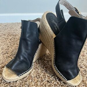 Seychelles Black Espadrille Wedge Sandals with Ankle Strap